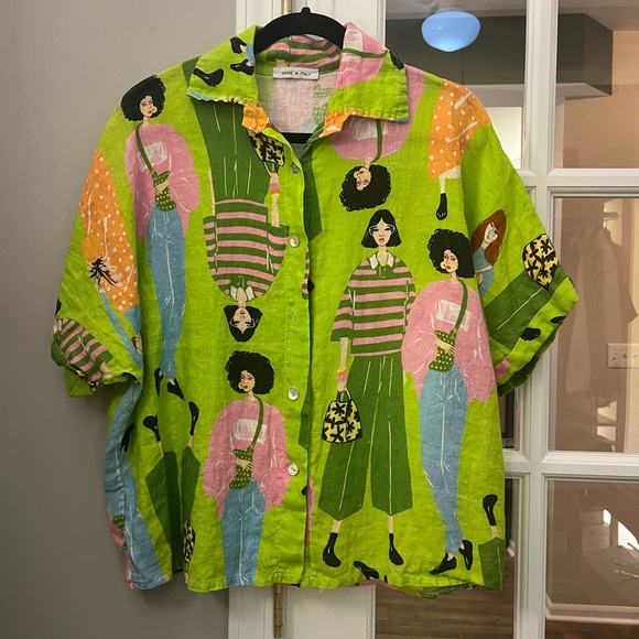 Tops - Colorful Graphic 100% linen Button-Up Shirt made in Italy